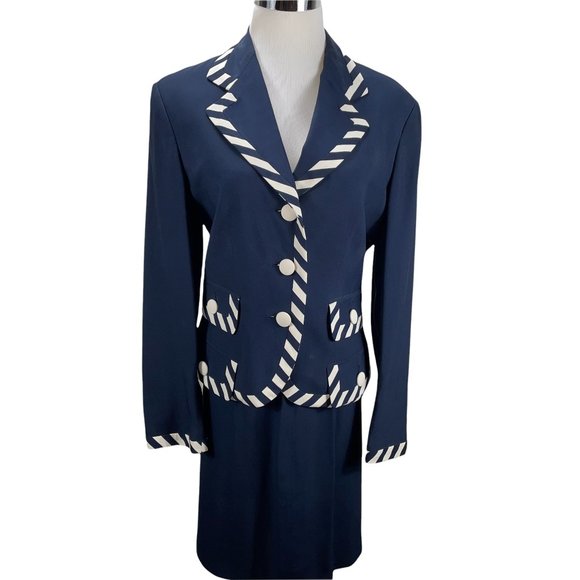 Moschino Couture Vintage Striped Trim Blue Jacket Skirt Suit IT42 Vintage - Picture 3 of 11